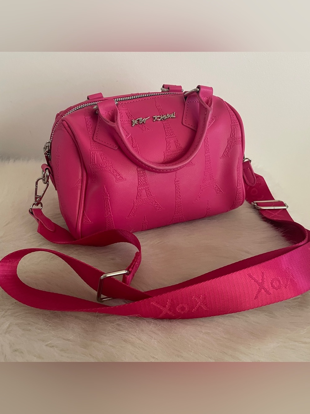 Betsey Johnson Hot Pink Eiffel-Embossed Satchel mini purse